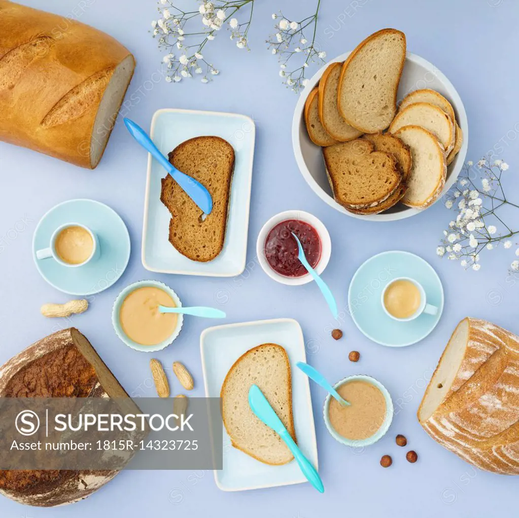 Different sorts of bread with vegan spreads