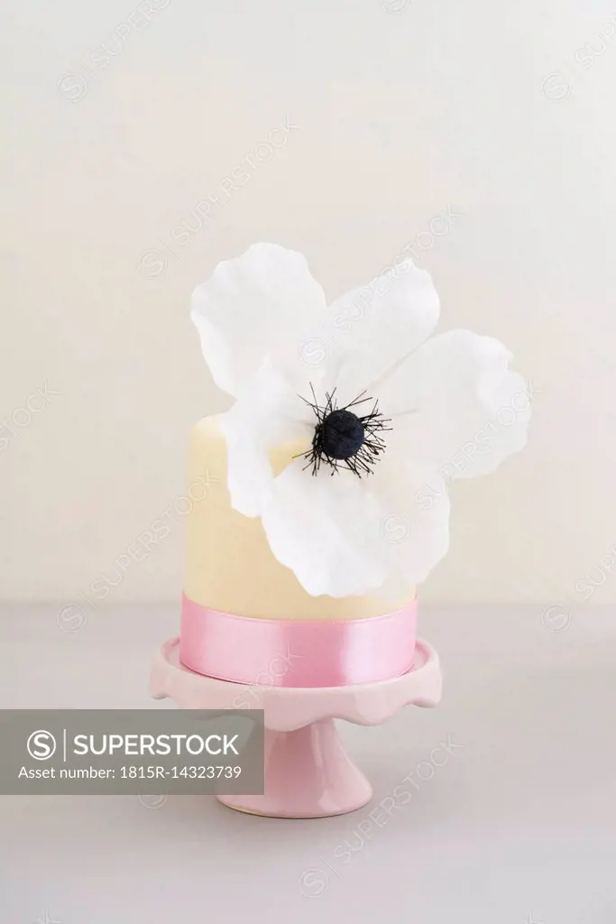 Mini fancy cake with fondant and white poppy made of edible paper