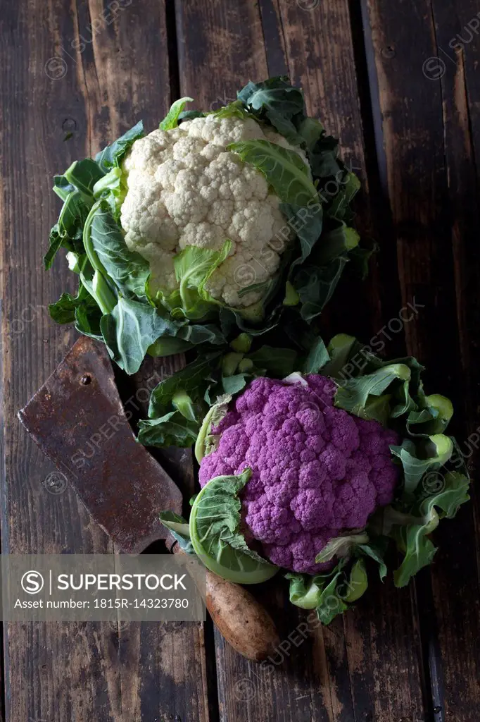 White and purple cauliflower and old cleaver on dark wood