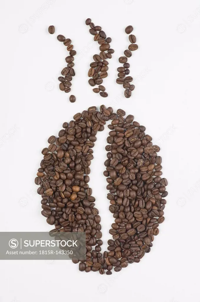 Coffee beans in shape of coffee bean, aroma symbol, on white background