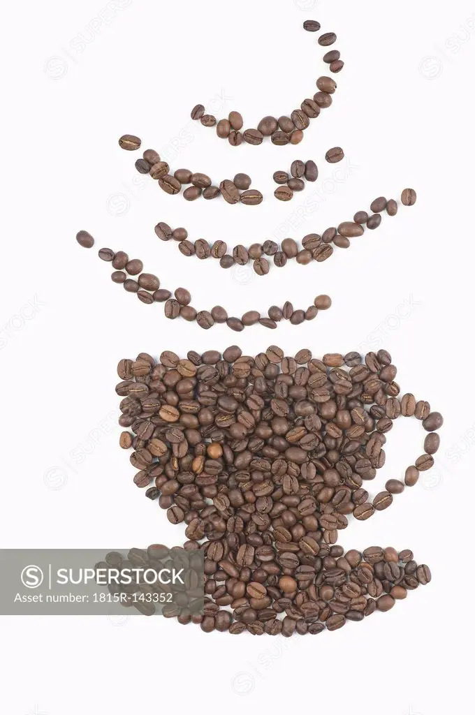 Coffee beans in shape of coffee cup with aroma symbol on white background