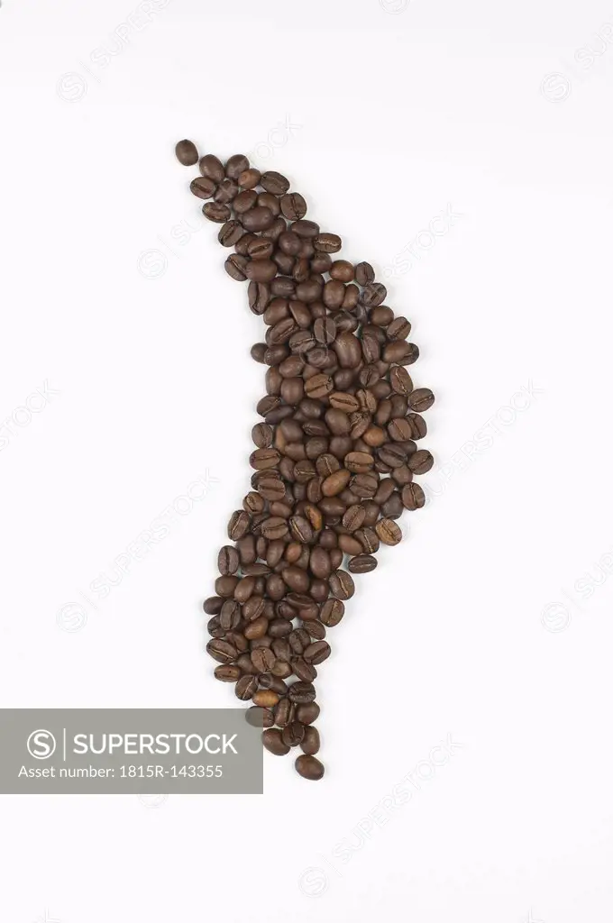 Coffee beans forming aroma symbol on white background