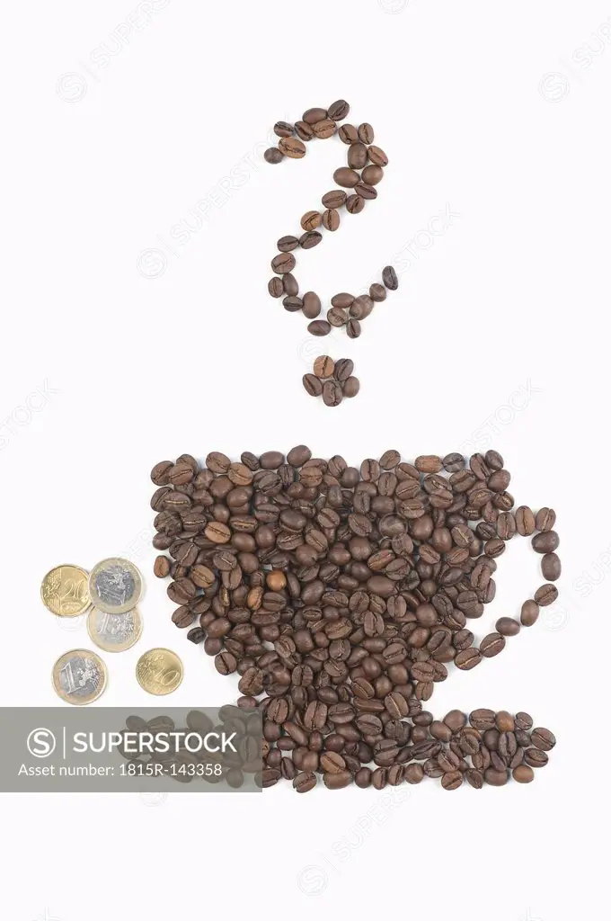 Coffee beans in shape of coffee cup with tip, euro coins, interrogation mark, on white background