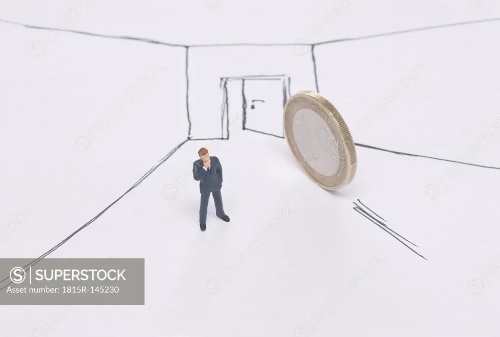 Figurine of businessman with euro coin through back door