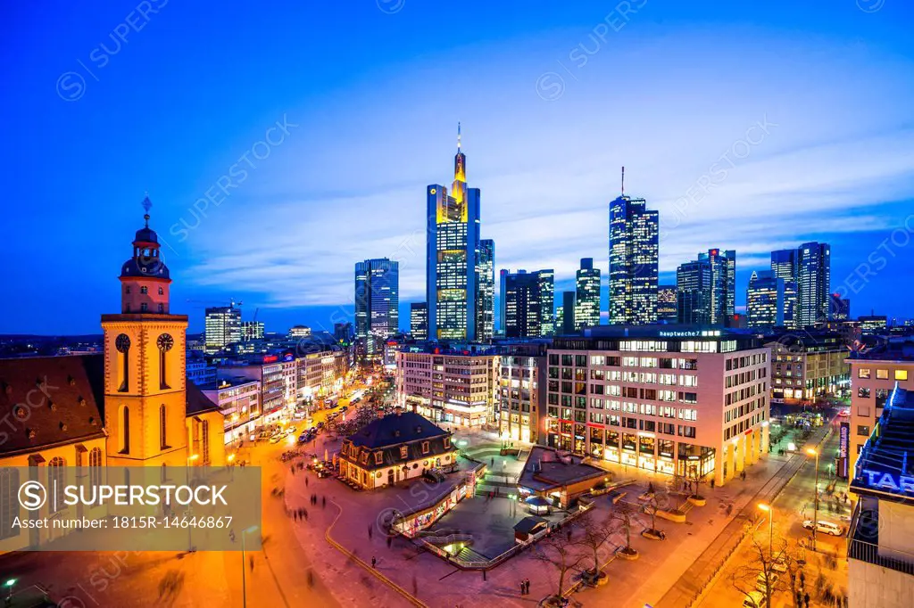 Germany, Hesse, Frankfurt, Hauptwache square, skyline, blue hour