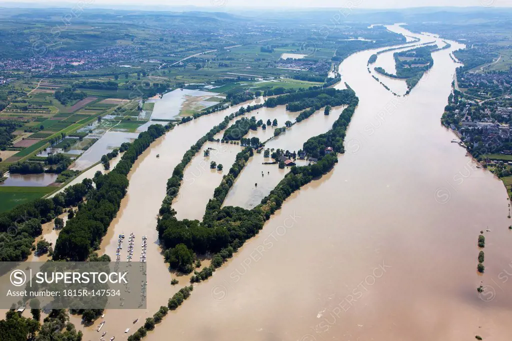 Germany, Hesse, Eltville, Flooding of River Rhine Island Koenigskling Aue, aerial photo
