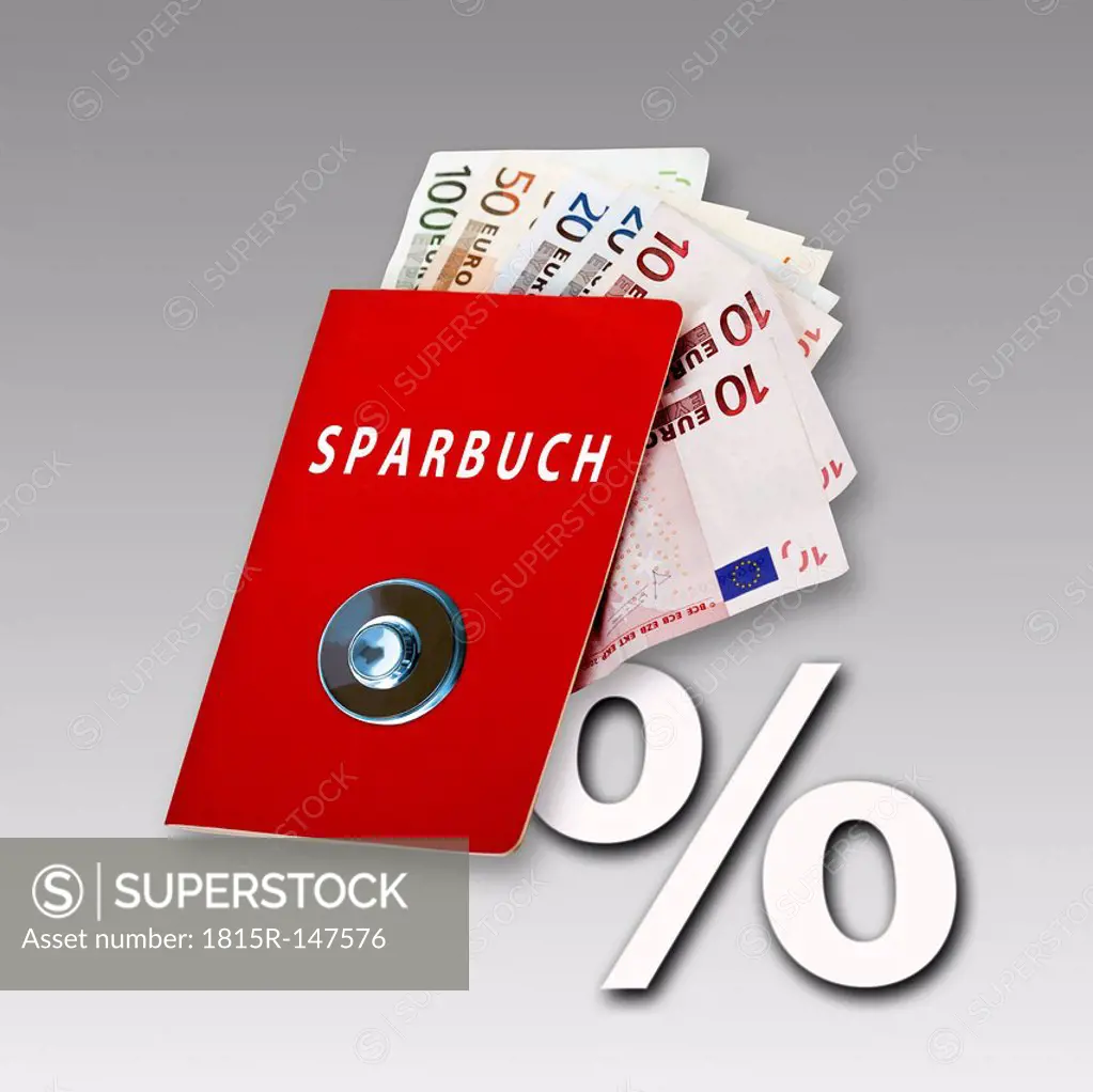 Bank book with vault button, percentage sign and Euro notes, Composing