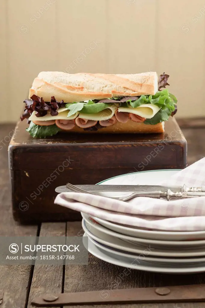 Baguette sandwich with stack of plates, close up