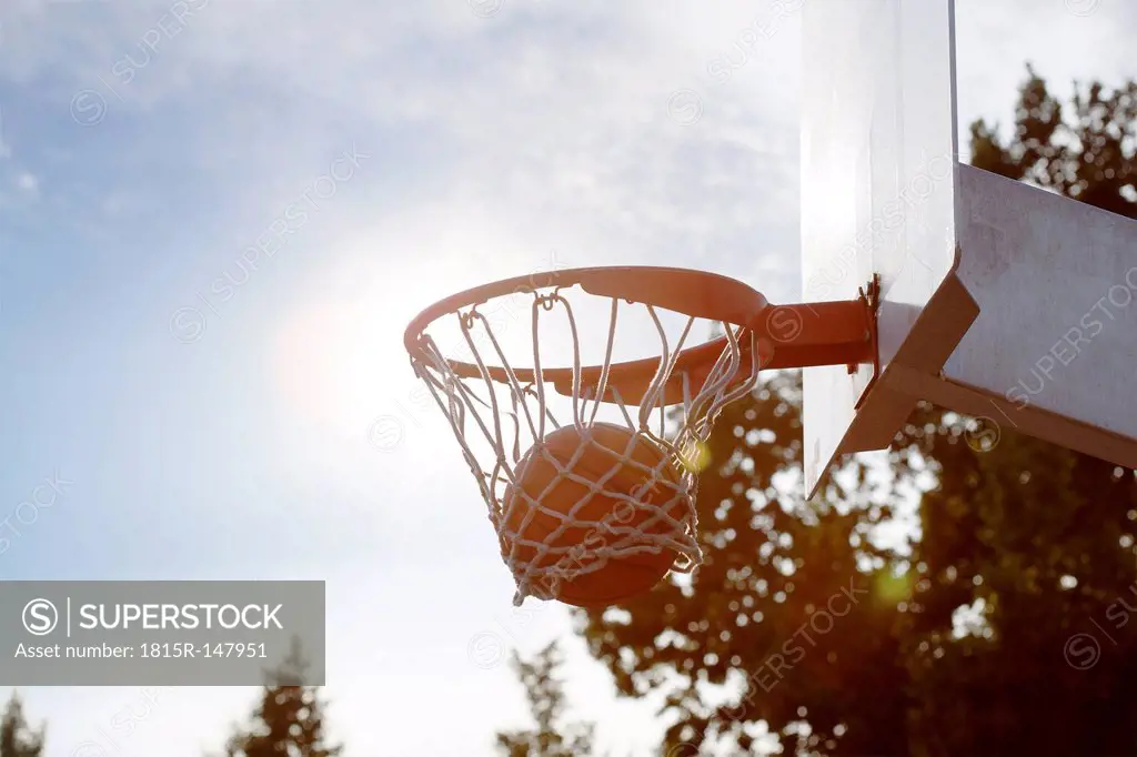 Ball in basketball hoop