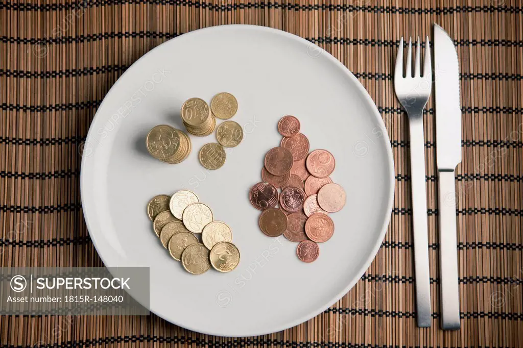 Studio, Euro coins on a plate with cuttlery