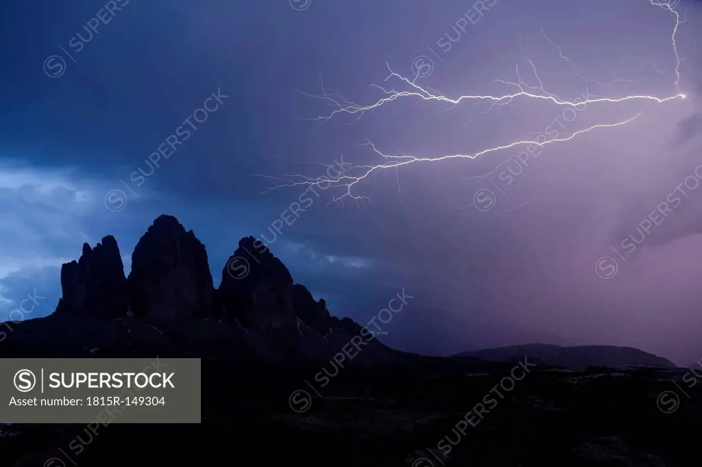Italy, Dolomites, Tre Cime di Lavaredo during thunderstorm