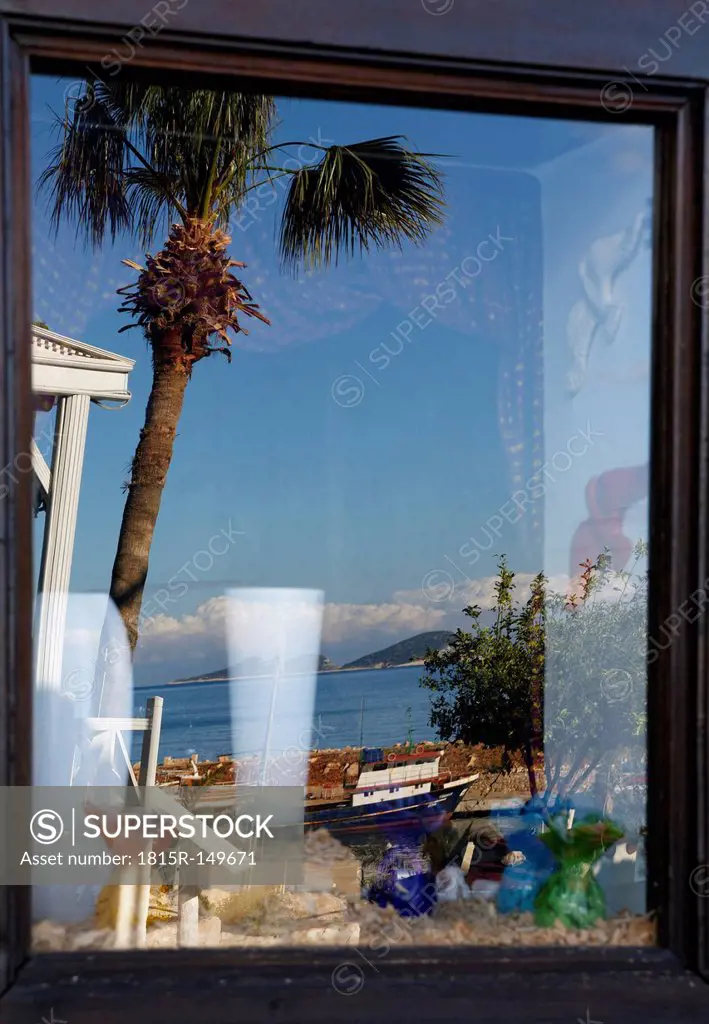 Turkey, Antalya Province, Kalkan, Reflections in shop display