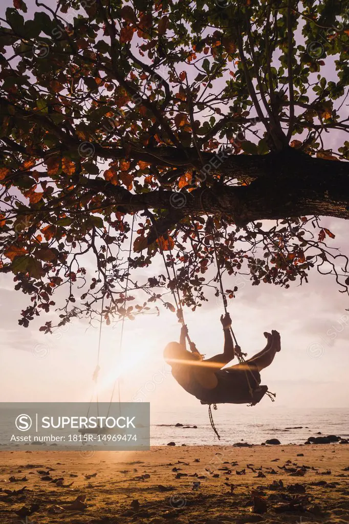 Thailand, Phi Phi Islands, Ko Phi Phi, man on tree swing on the beach in backlight