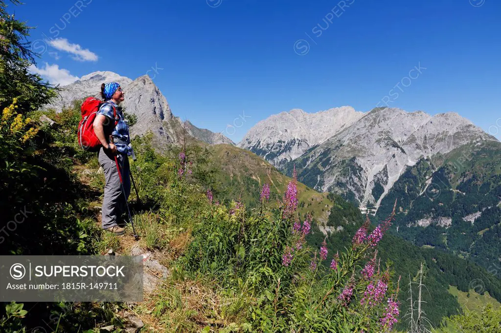 Austria, Carinthia, Carnic Alps, Hiker looking at Mountainscape