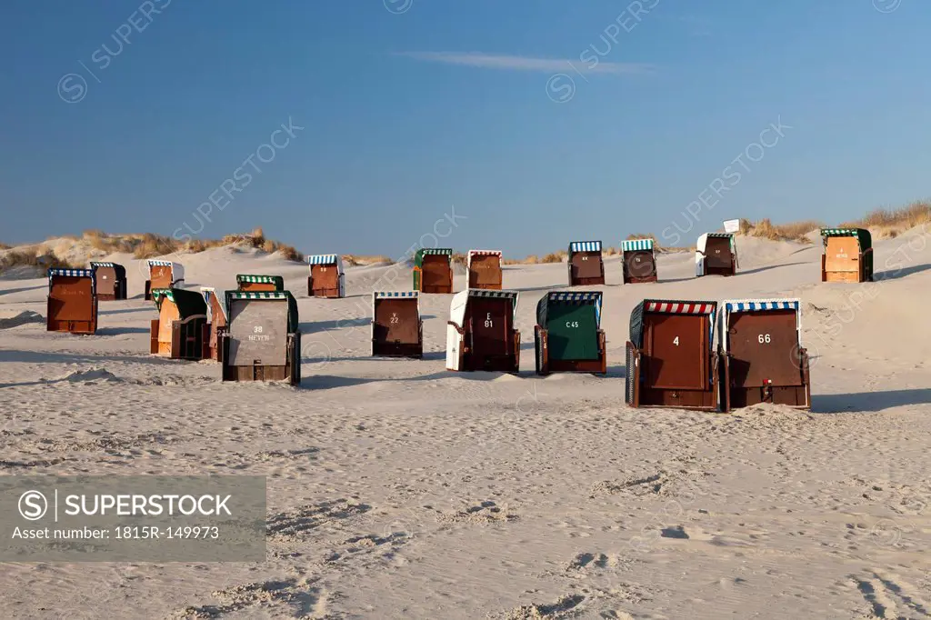 Germany, Lower Saxony, East Frisia, Borkum, closed beach chairs