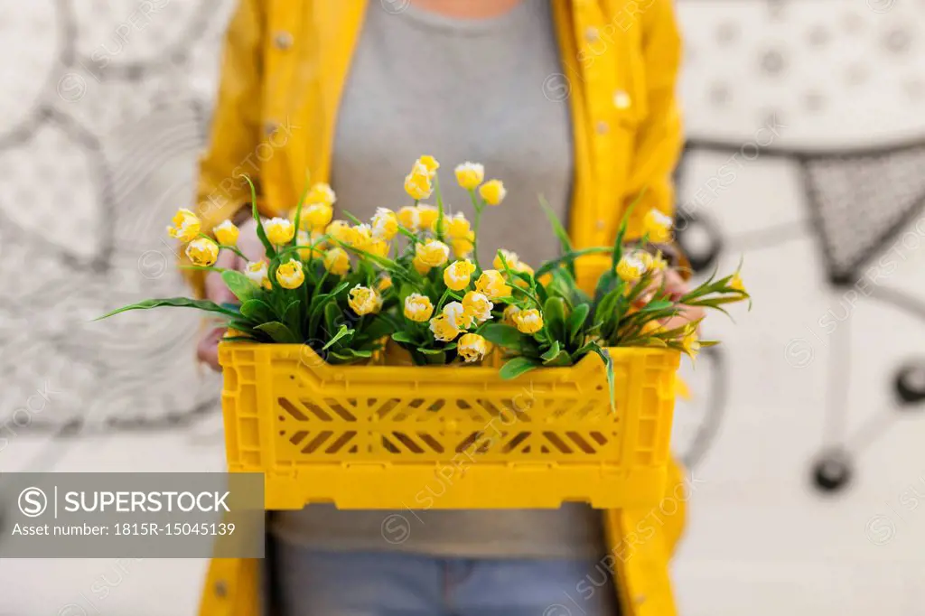 Close-up of woman holding yellow spring flower box