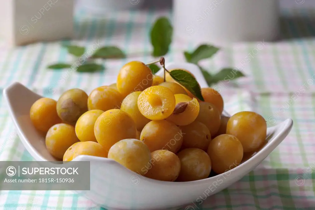 Mirabelles (Prunus domestica subsp. syriaca) in a bowl on wooden table, studio shot