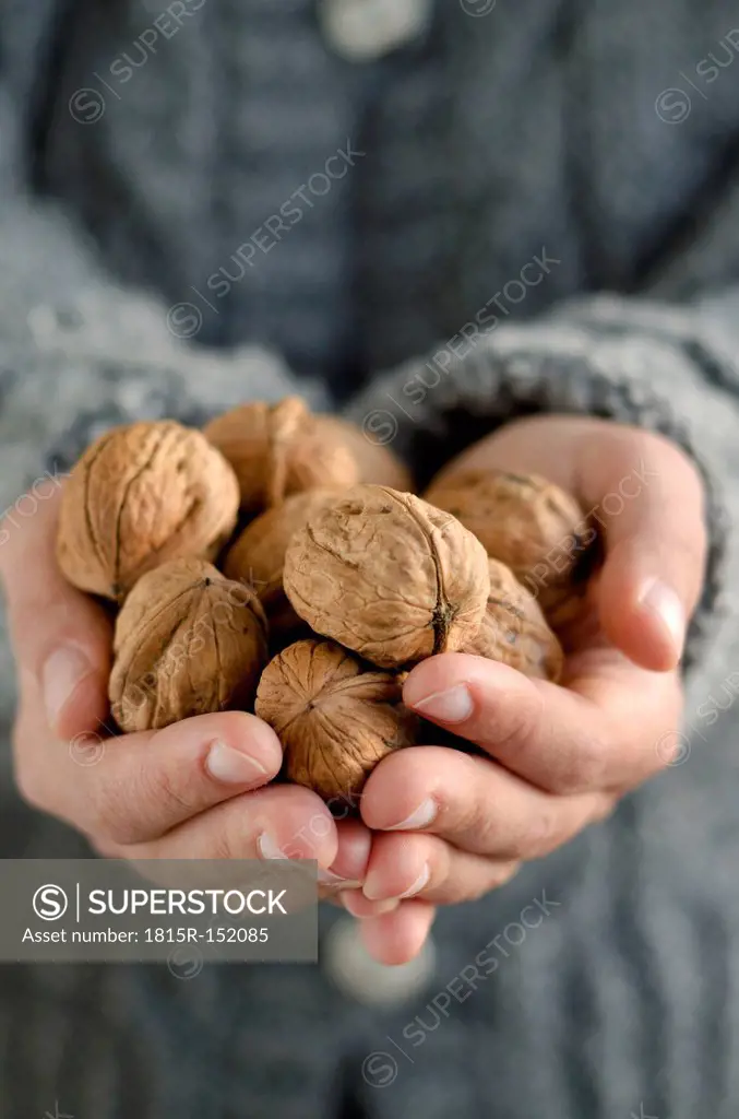 Hands holding walnuts, close-up