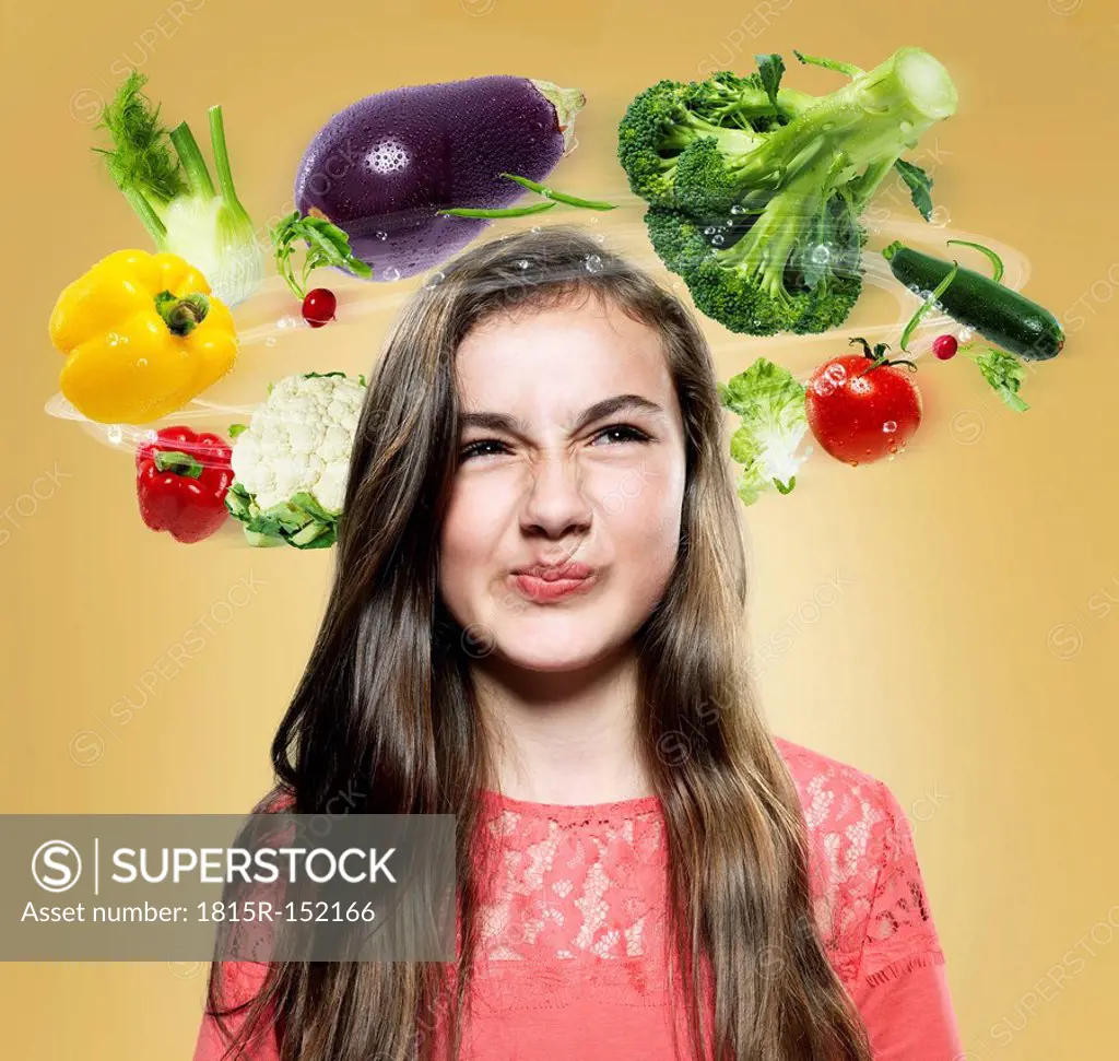 Girl with flying vegetables around her head, Composite