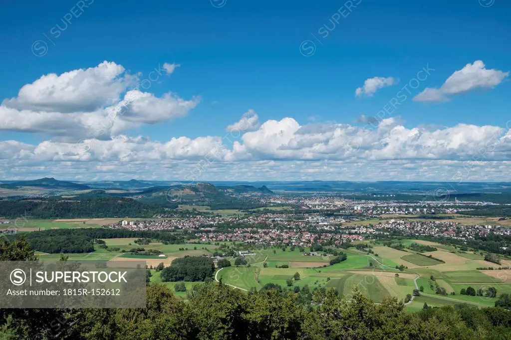 Germany, Baden Wuerttemberg, View of Hegau landscape, Hohenhewen, Hohentwiel and Hohenkraehen, from left