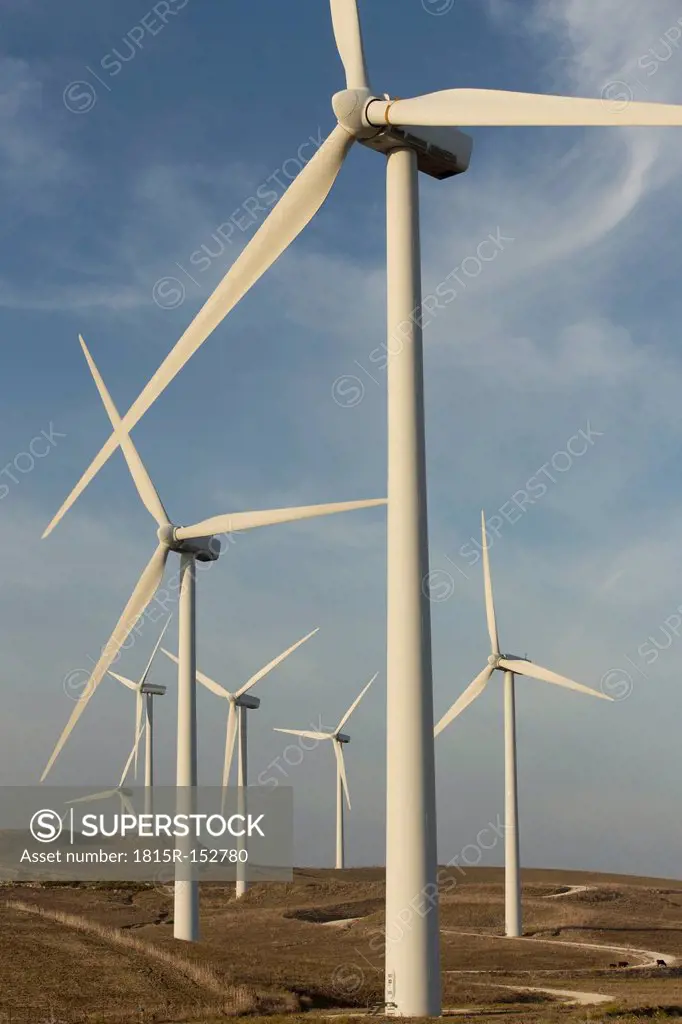 Spain, Andalusia, Cadiz, wind turbines standing on a field