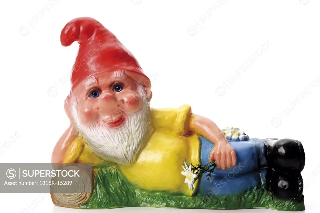 Garden gnome lying on meadow, close-up