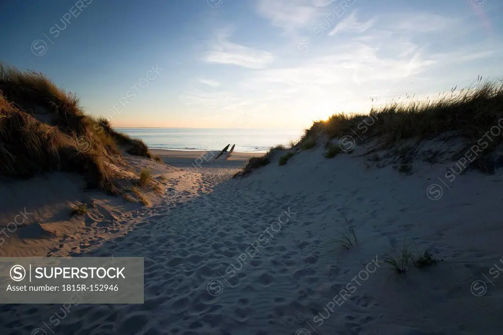 Holland, North Sea, coast, dunes at sunset