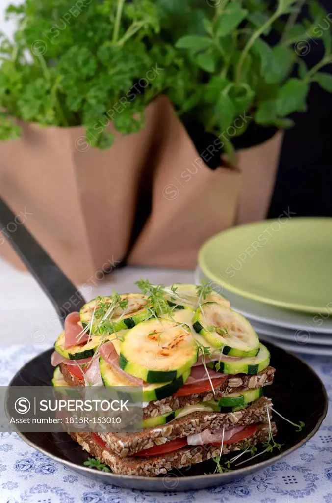 Whole-grain bread sandwich with ham, roasted zucchinis, tomatoes and cheese in frying pan, studio shot