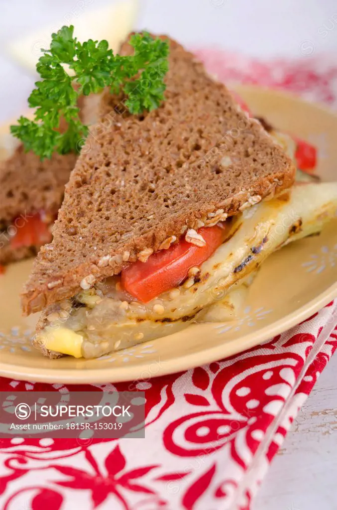 Whole-grain bread sandwich with roasted aubergines, tomatoes and cheese, studio shot