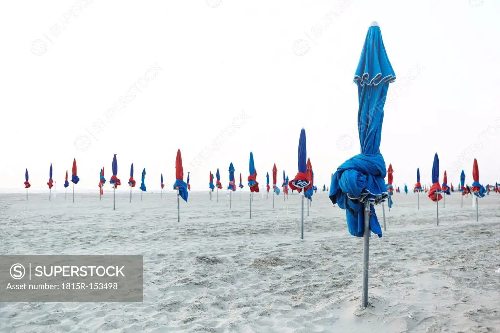 France, Normandy, Deauville, Sunshades on beach