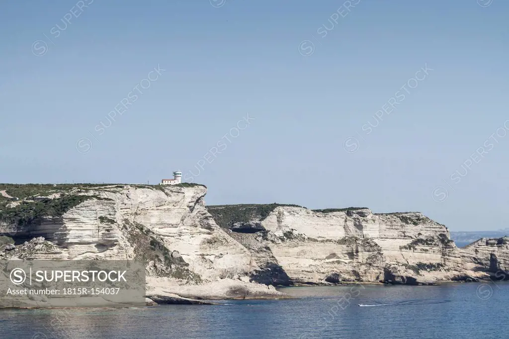 France, Corsica, Bonifacio, Capo Pertusato, Chalk cliffs with semaphore