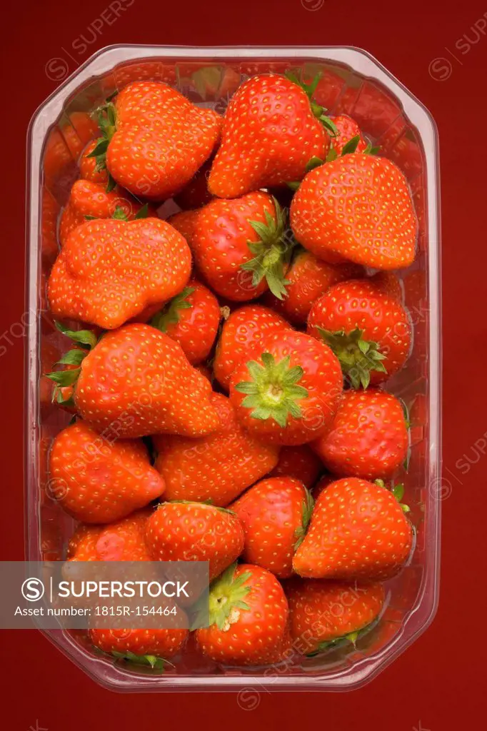 Plastic bowl of strawberries (Fragaria), studio shot
