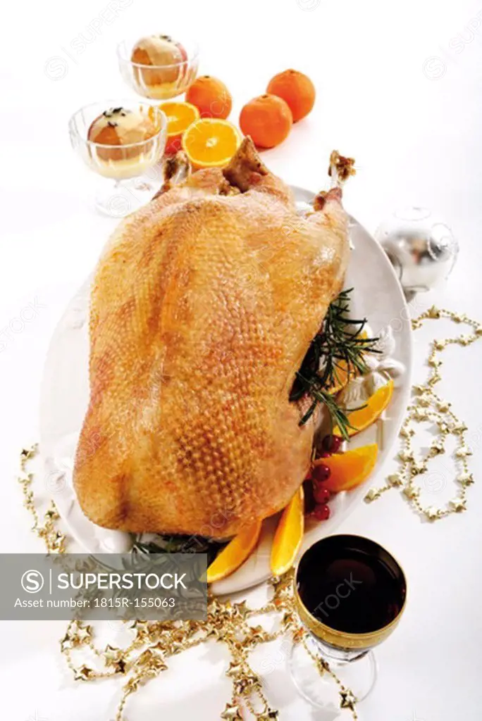 Roasted Christmas goose, elevated view