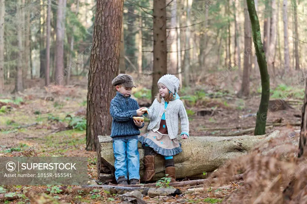 Germany, North Rhine-Westphalia, Moenchengladbach, Scene from fairy tale Hansel and Gretel, brother and sister eating bread in the woods