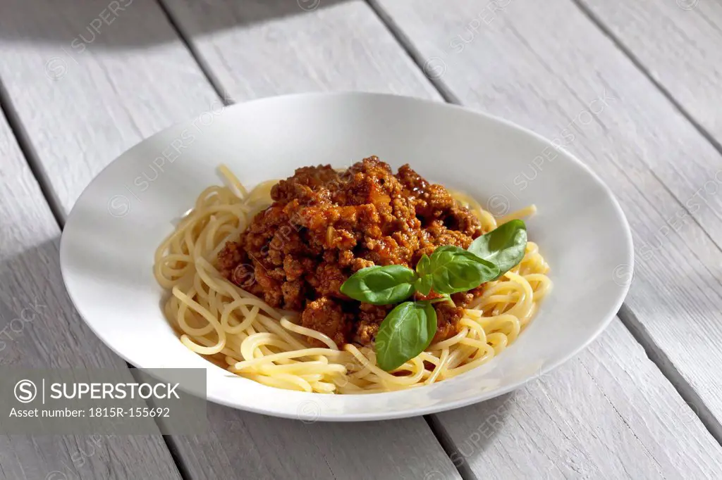 Spaghetti with Bolognese sauce, close up