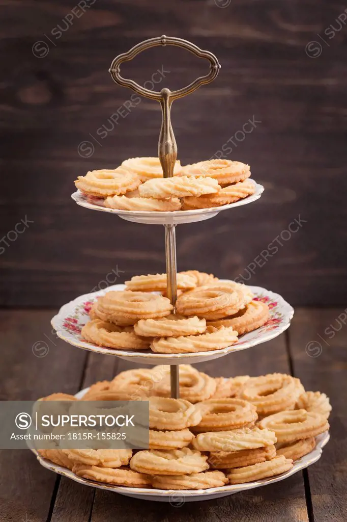 Traditional spritz cookies on etagere