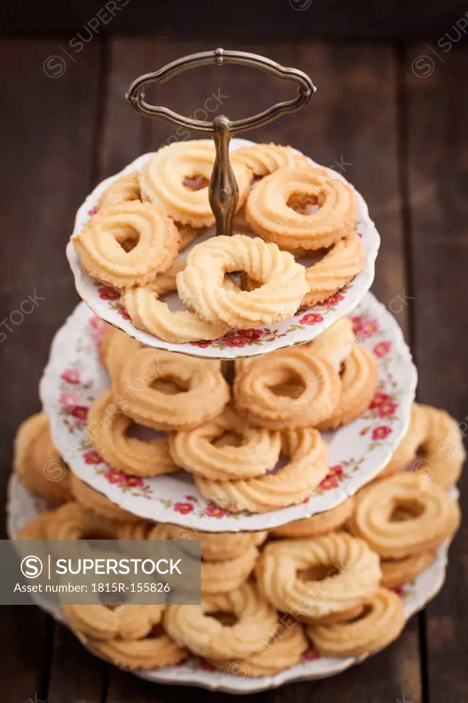 Traditional spritz cookies on etagere