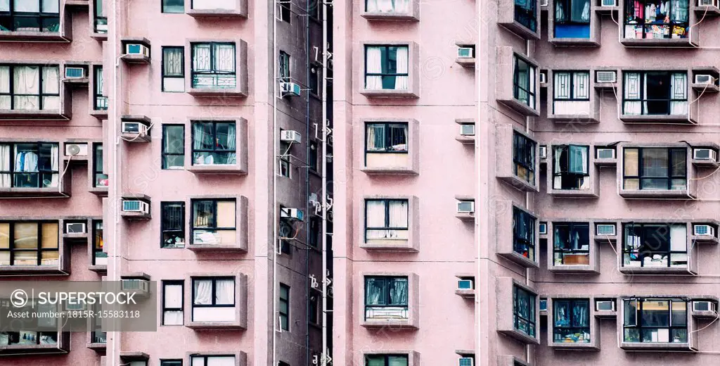 China, Hong Kong, Hong Kong Island, facades of apartment tower, partial view