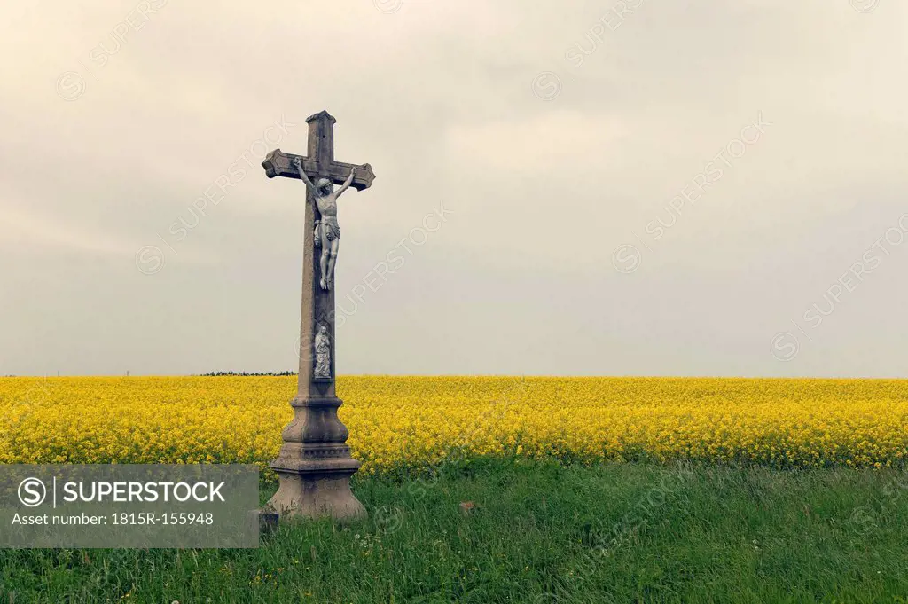 Czechia, Onsov, crucifix in front of a rape field