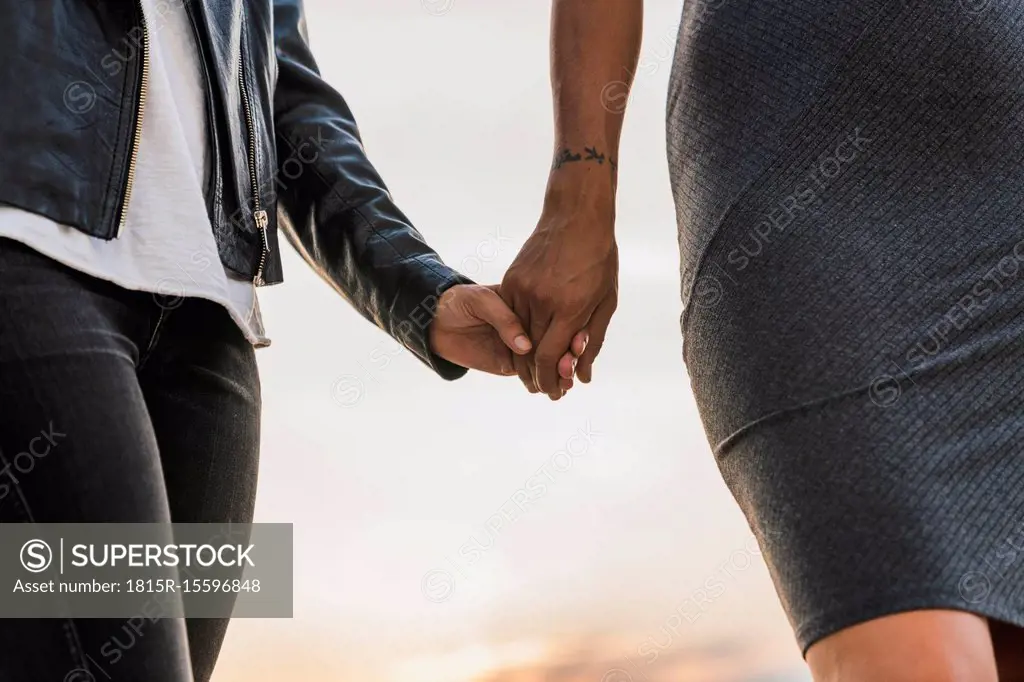 Close-up of lesbian couple holding hands outdoors
