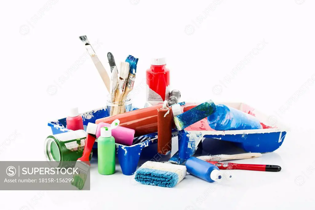 Painting tools, brushes, paint bottles