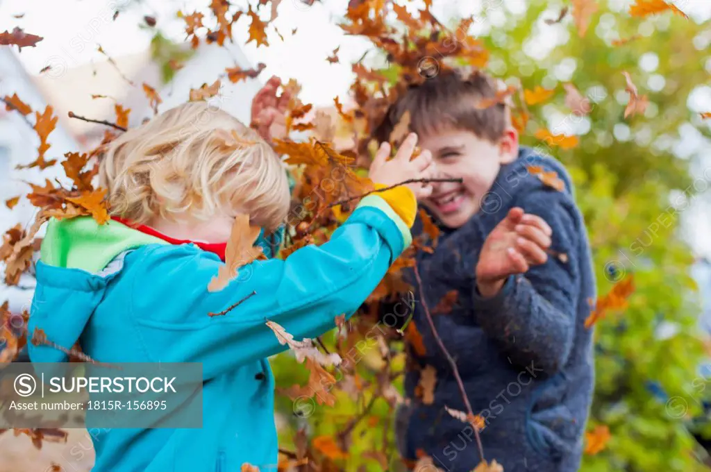 Two little boys throwing autumn leaves