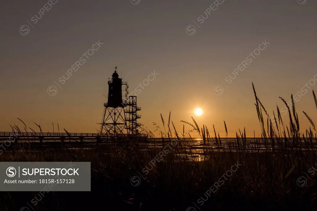 Germany, Lower saxony, Dorum, sunset, tideland, Lighthouse Obereversand