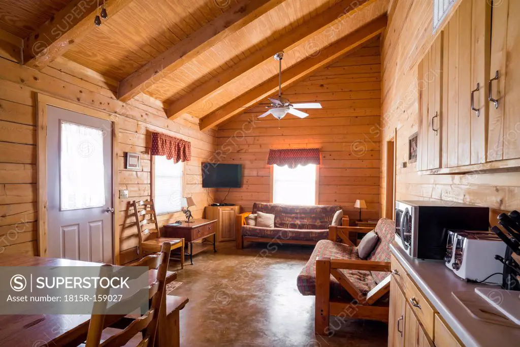 USA, Texas, interior of rustic log home cabin