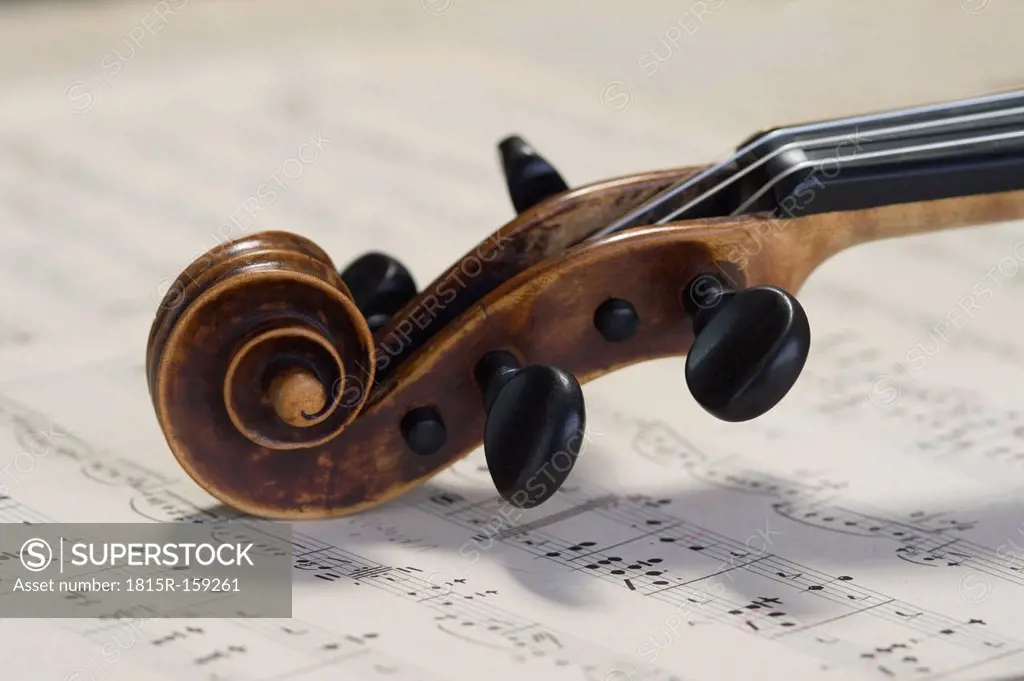 Violin scroll of antique violin lying on musical notes