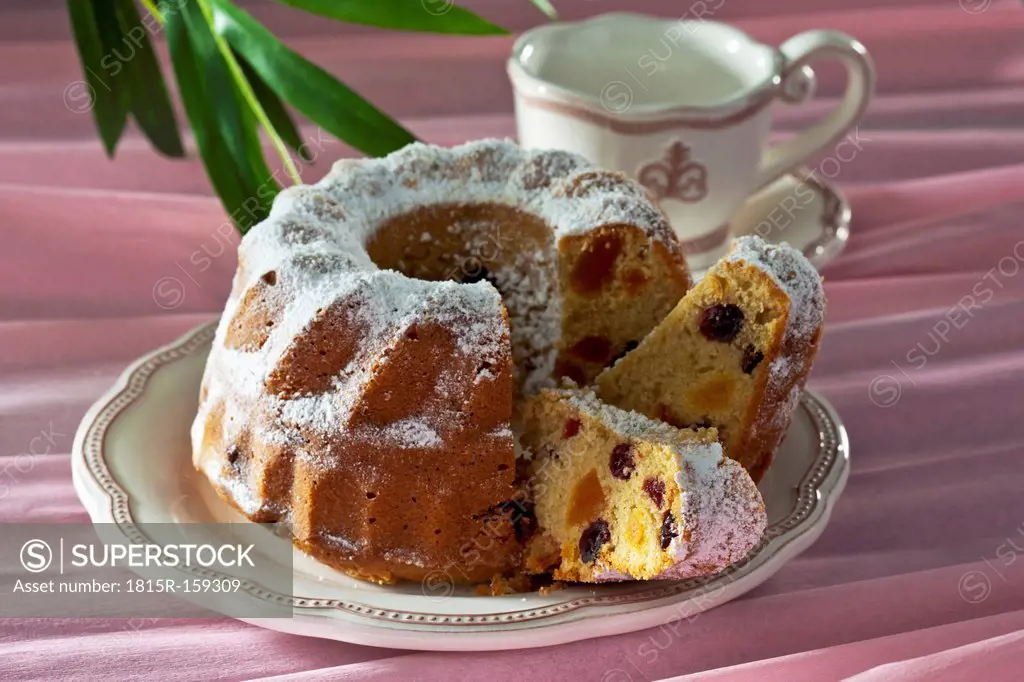 Sliced ringcake with cranberries and apricots on baking with powdered sugar on well-laid table
