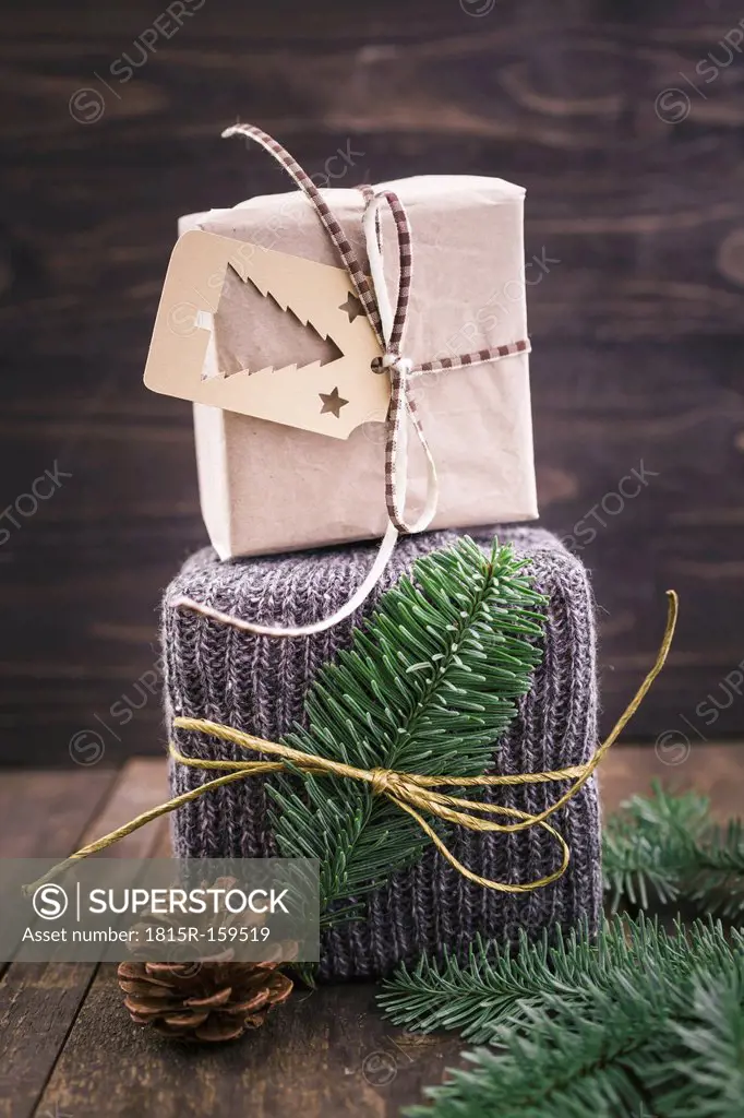 Christmas gift wrapped in knitted gift wrap