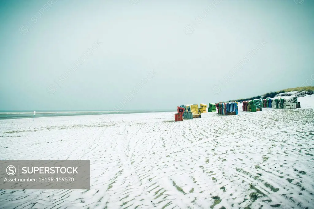 Germany, Lower Saxony, beach chairs at the beach of Langeoog