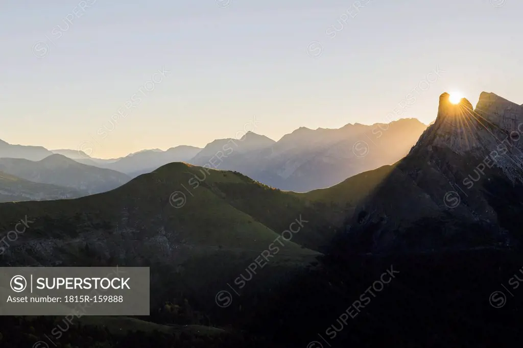 Spain, Aragon, Central Pyrenees, Ordesa y Monte Perdida National Park, Canon de Anisclo at sunrise