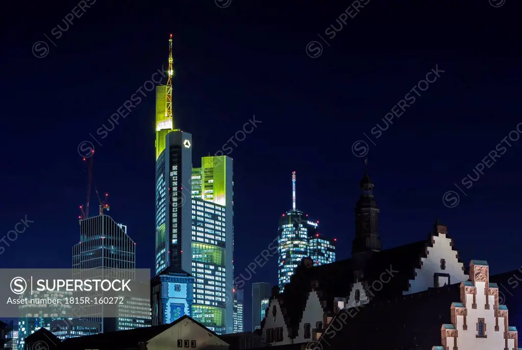 Germany, Hesse, Frankfurt, Commerzbank Tower at night